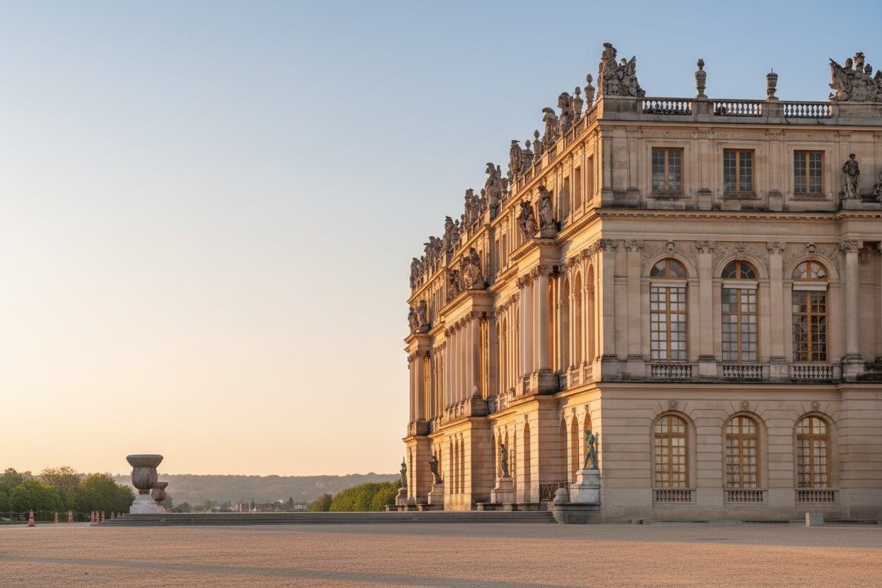 Fachada do Palácio de Versalhes ao entardecer